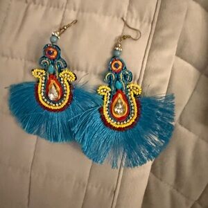 Blue Boho Fringe Drop Earrings - Unbranded